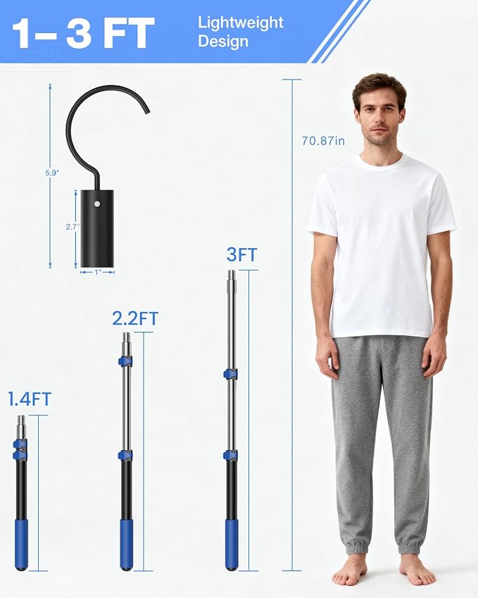 Pool Hook with Pole, 3FT Pool Pole Telescopic with Stainless Steel Hook, Retrieval Hooks for All Robotic Pools Cleaner, Robot Hooks for Heavy Duty Telescoping Poles, Above Ground and Underwater