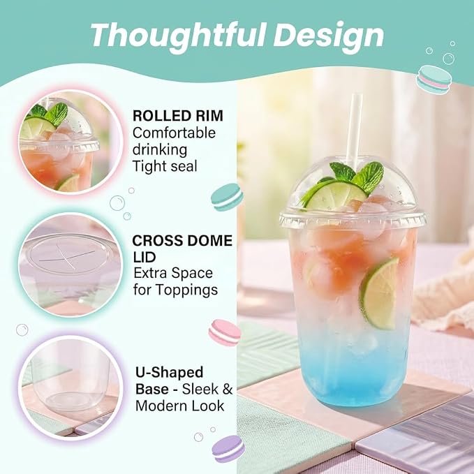 Qsqwsuye 50 Set 16oz Disposable Clear Plastic Cup with Lids and Straws, Sturdy & Food Safe Iced Coffee Cups, Plastic Cold Drinks Cups for Smoothie, Milk Tea, Assorted Beverages Party Supplies