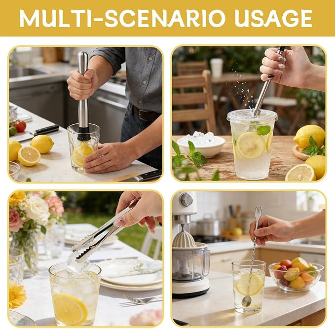 7PCS Straw Hole Puncher Set,2pcs Straw Puncher for Lemonade Plastic Lids Cups,& Cocktail Muddler for Lemonade Mixing Rod Spoon,Ice Tweezers,2pcs Brush,for Lemonade Stands Supplies