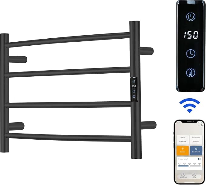 Electric Towel Rack with Voice Control for Alexa & Google Home,TUYA - Wall-Mounted Bathroom Heating Towel Warmer,Plug-in,Stainless Steel Material,16.54x23.62x5.51 in,Black,4 Bars
