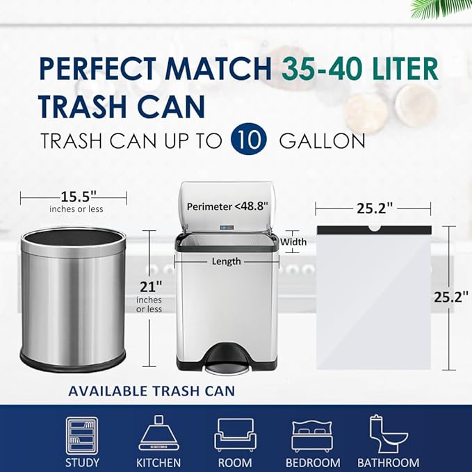 10 Gallon (fit 30-35 Liter) 200 Counts Drawstring Trash Bags, Medium Large Kitchen Garbage Bags Trash Can Liners for Home, Office, Light Residential Waste Outdoor Lawn Bags, White