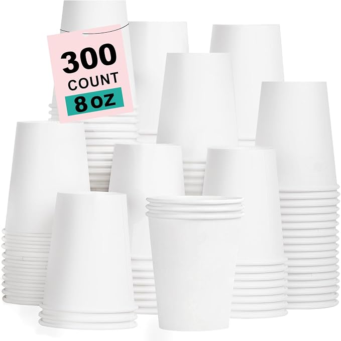 8 oz 300 Pack Disposable Coffee Cups, Bulk White Disposable Paper Cups, Coffee Cups for Hot Tea, Chocolate and Cold Drinks