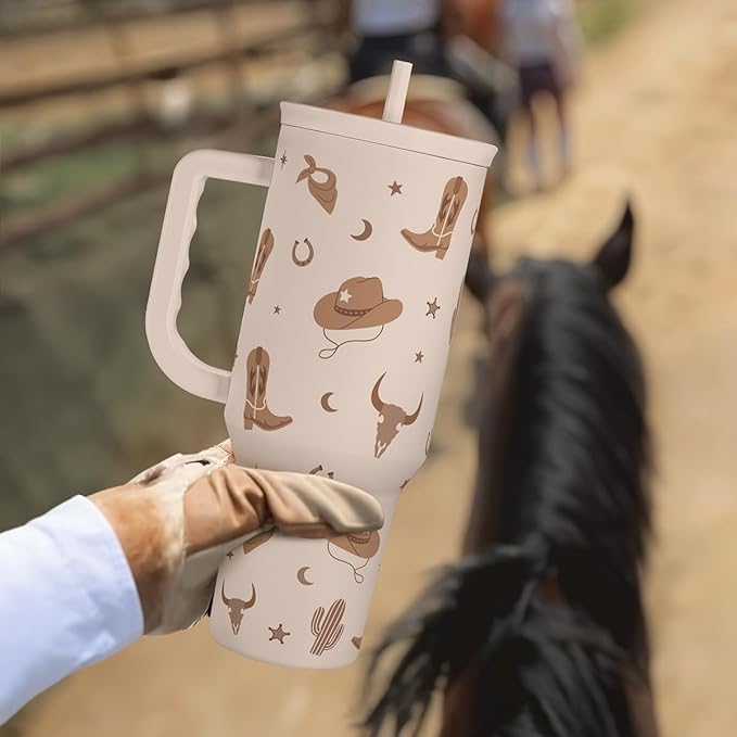 SANDJEST Cowgirl Tumbler 40oz for Women Girls – Stainless Steel Travel Coffee Mug Cup with Handle and Straw, Gift for Birthday Christmas