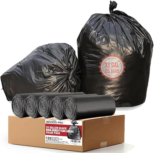 BEIDOU-PAC 33 Gallon Trash Bags, 125 Count, Black Garbage bags, Multi-purpose Trash Can Bin Liners for Home Commercial, Outdoor, Construction, Industrial, Janitorial, Municipal, Lawn, Leaf