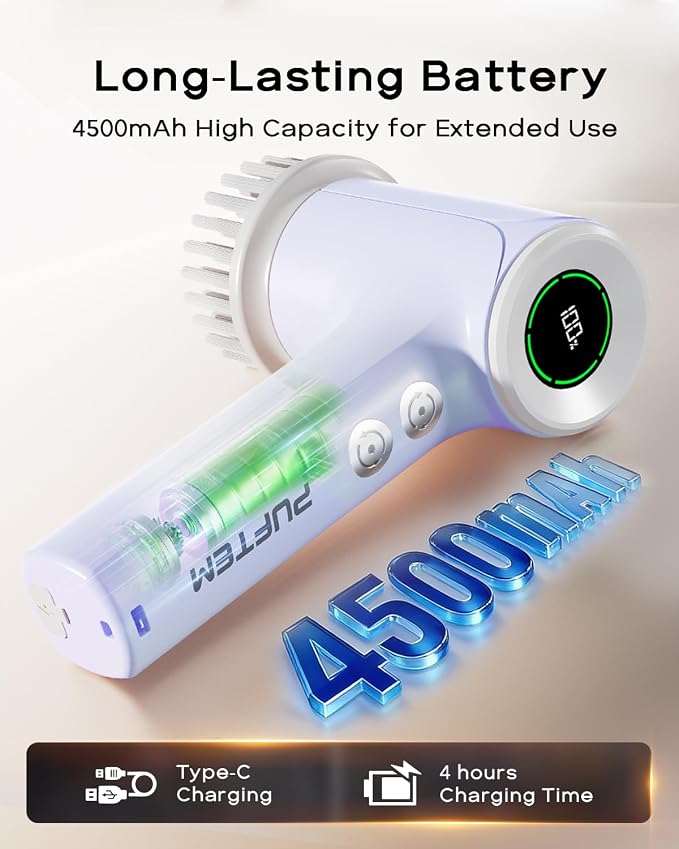PUFTEM Shower Scrubber, Electric Spin Scrubber for Bathroom Cleaning – Cordless Shower Cleaner Brush with 6 Brush Heads, Dual-Direction Rotation, for Grout, Tile, Tub, Sink & Corners, Purple