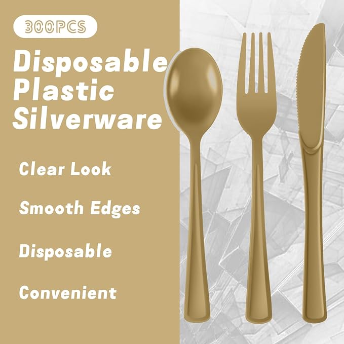 Plastic Silverware 300 PCS Disposable Silverware Heavy Duty Utensil Sets 100 Of Each Forks Knives & Spoons Disposable Cutlery Set For Easter,Birthday,Baby Shower,Garden Party,Wedding(300,Gold)