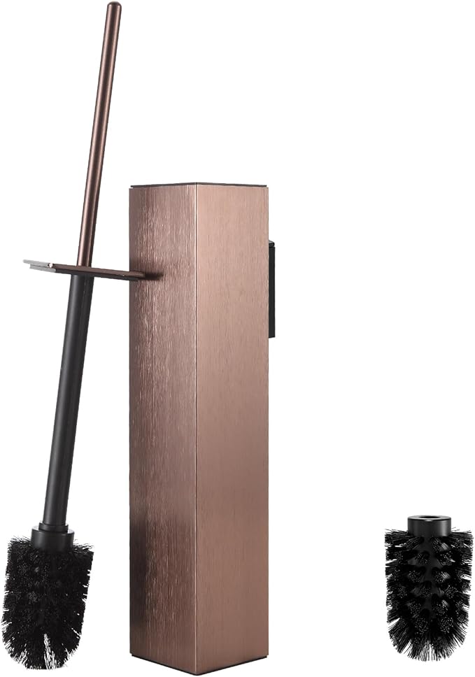 Toilet Brush and Holder Wall Mounted, Brushed Rose Gold Aluminum with 2 Replaceable Heads, Bathroom Toilet Brush, Drill or 3M Adhesive Mount, Removable Liner and Splash Guard, Modern Square Design