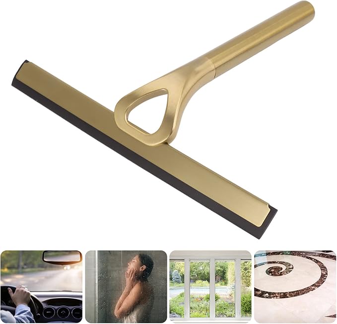 Gold Shower Squeegee Stainless Steel Window Squeegee Bathroom Cleaner Tool, Non Slip Handle, 10-Inch Blade, with Hook for Window, Tiles, Car Glass 22.5x22cm / 8.9x8.7in