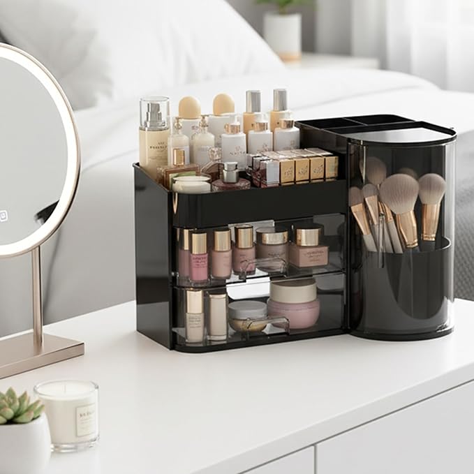Makeup Storage Box Mesh, Makeup Organizer For Vanity, Cosmetic Display Cases With Transparent Cover, Drawers, Dustproof, Portable Handle, For Vanity, Dresser, Countertop (Blak)