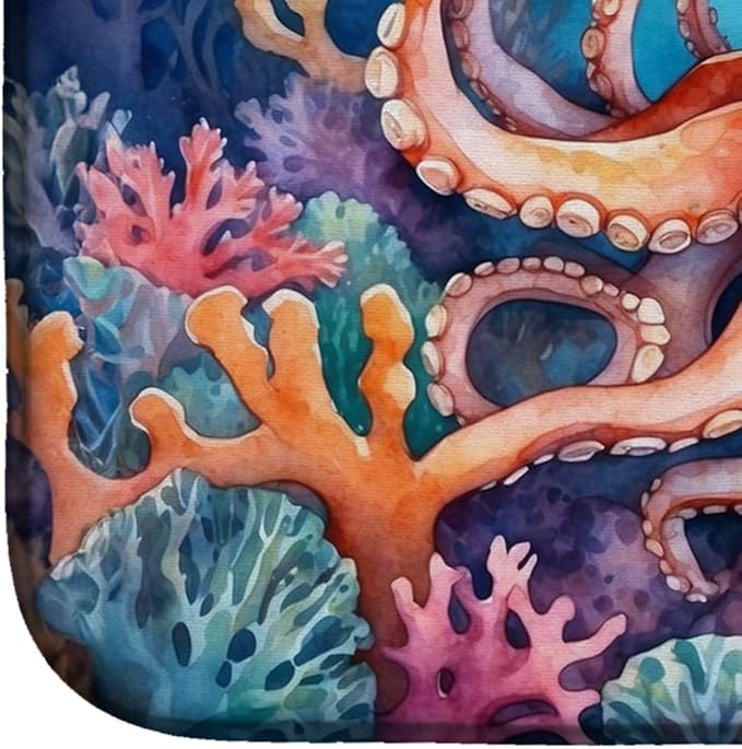 Caroline's Treasures Octopus Among Coral Dish Drying Mat Absorbent Dish Drying Mat Pad for Kitchen Counter Dish Drainer Mat for Countertop, 14 x 21", Multicolor