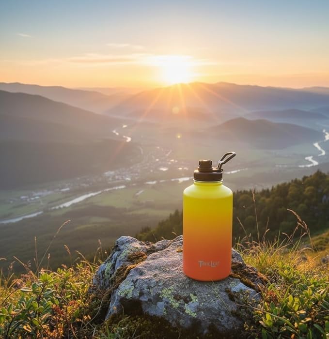 Travel Water Bottle with Carrying Bag, 3 Lids (Spout, Straw, Handle), and Bottle Brush; Leak Proof, Quality, Vacuum Insulated, Stainless Steel (Sunrise, 64 oz)