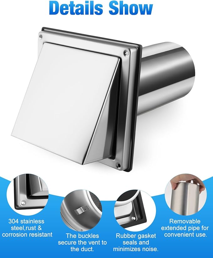 4" Dryer Vent Cover Outside with Stainless Steel Guard Metal Dryer Exhaust Vent Cap and Detachable Extended Pipe Vent Hood, Non-Return Flap with Sealing Gasket Grille, Easy Install