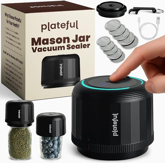 Plateful VacuFresh Electric Mason Jar Vacuum Sealer Kit (10 Lids Included) - For Wide Mouth & Regular Mouth Jars, Cordless, Portable Jar Vacuum Sealer For Food Storage With Lids, Opener, Charger