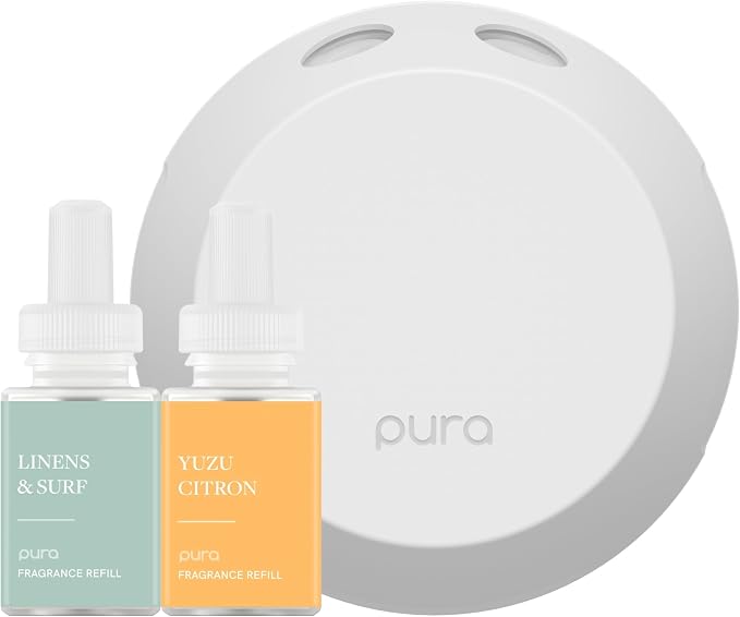 Pura Home Fragrance Device Starter Set - Pura 4 - Scent Diffuser for Home - Includes Fragrance Aroma Diffuser - Square Box, Linens & Surf and Yuzu Citron Scent Refills