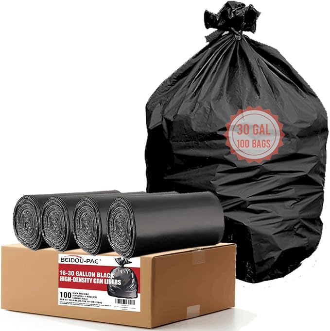 BEIDOU-PAC 30 Gallon Trash Bags, 100 Count Black Garbage bags, Multi-purpose Trash Can Bin Liners for Bathroom, Office, Industrial, Commercial, Janitorial, Municipal, Recycling
