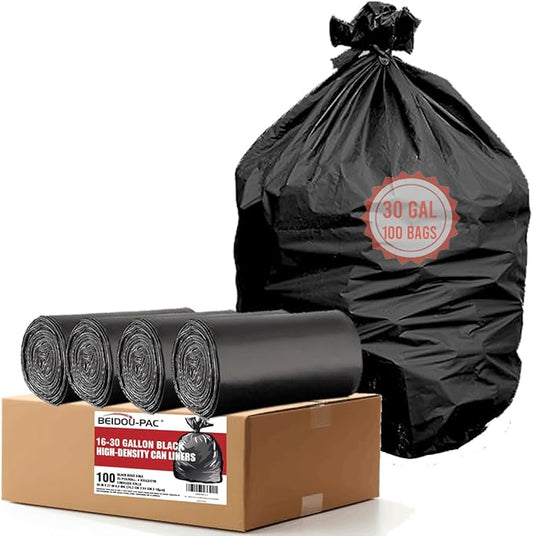 BEIDOU-PAC 30 Gallon Trash Bags, 100 Count Black Garbage bags, Multi-purpose Trash Can Bin Liners for Bathroom, Office, Industrial, Commercial, Janitorial, Municipal, Recycling
