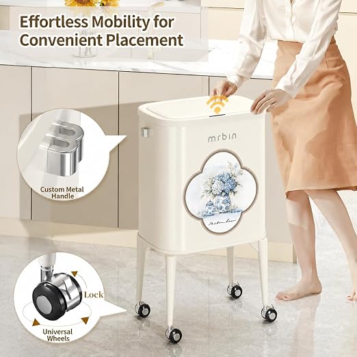 MRBIN Metal Motion Sensor Kitchen Trash Can with Wheel Legs, 36L / 9.5gal Medium Press Lid Slim Waste Basket, Narrow Garbage Pail for Vanity, Living Room, Bathroom, Bedroom, Blue and White Porcelain
