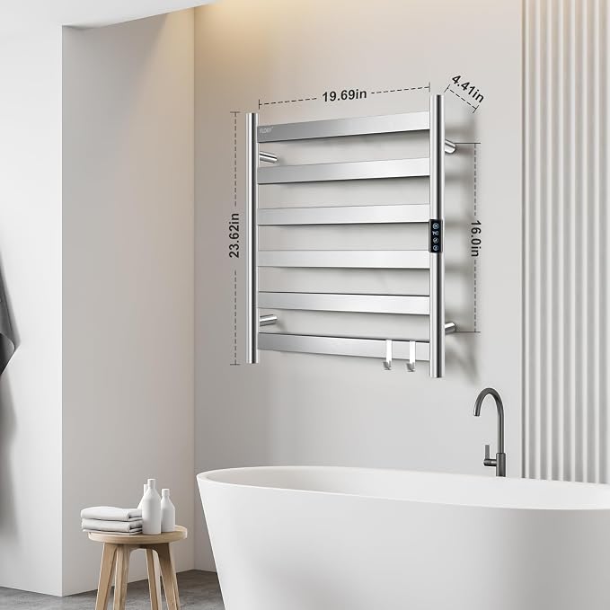 R FLORY Heated Towel Rack for Bathroom, 6 Bar Wall Mounted Towel Warmer Rack Flat with Timer & Temperature, Electric Towel Heater with LED Display Screen, Plug-in,Brushed Nickel