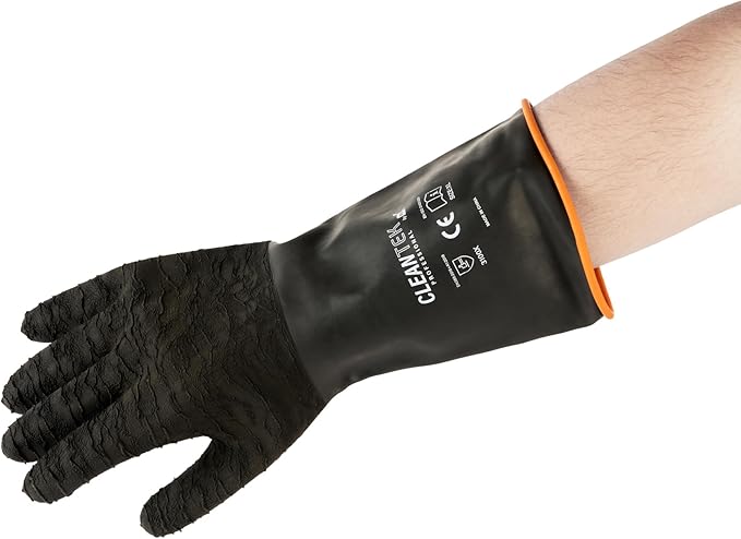 Restaurantware Chemical Resistant Gloves 10 Pairs 13.78 Inch Rubber Industrial Work Gloves Heavy Duty Unlined Black Non-Slip Roll Cuff Reusable Gloves for Mining