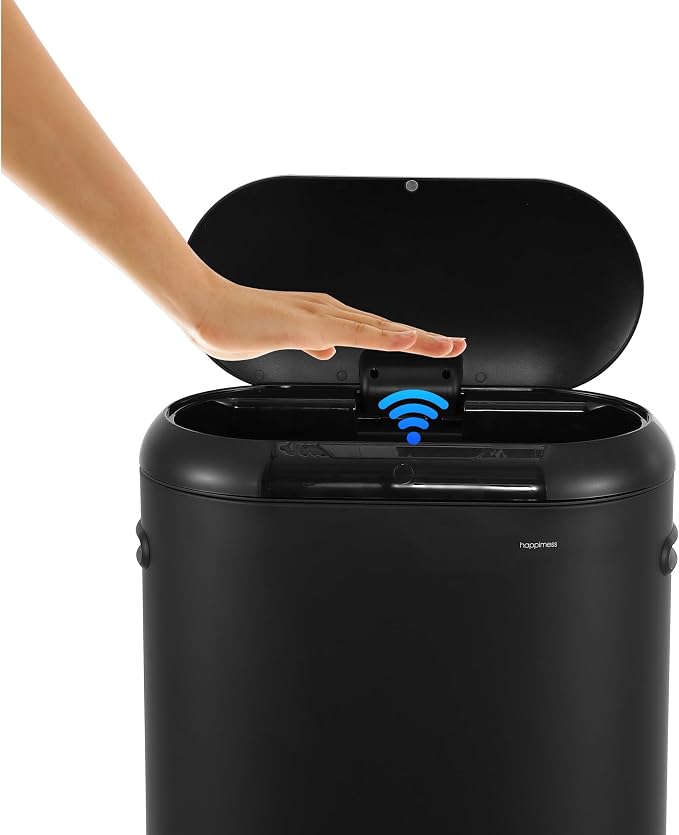 happimess HPM1016B Robo Kitchen 13.2-Gallon Slim Oval Motion Sensor Touchless Trash Can with Touch Mode, Fingerprint Resistant, Modern, Minimalistic for Kitchen, Office, Bathroom, Charcoal Black