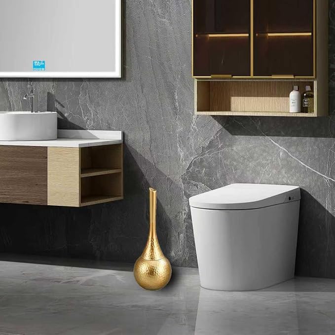 Hideaway Toilet Brush Set, Hammered Gold | Small Bathroom Space-Saver | Anti-Splash Shield & 360° Deep Clean | Housewarming Gift for Homeowners | Rust-Proof ABS Modern Bath Accessories