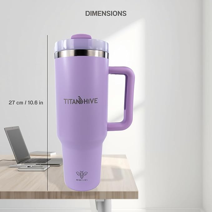 40 oz Insulated Stainless Steel Tumbler with Handle and Straw - Leak Resistant, Cup Holder Friendly Travel Mug (Purple)