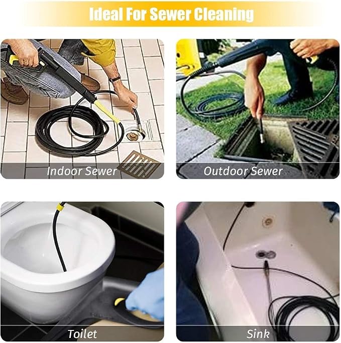 Sewer Jetter Kit for Pressure Washer-100 ft Jetter Hose, Drain Cleaning Hose,1/4 Inch NPT, Corner, Rotating and Button Nose Sewer Jetting Nozzle, 5800 PSI