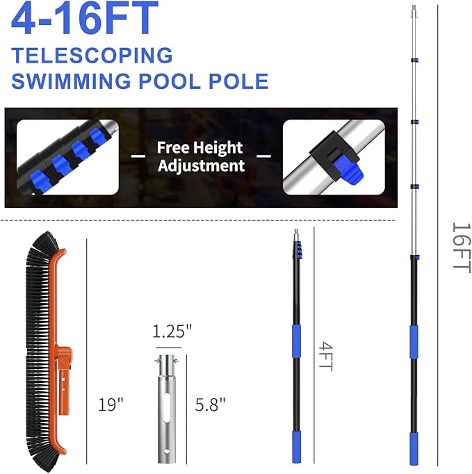 16FT Swimming Pool Pole with Brush, Upgraded Pool Pole Telescopic 16ft Heavy Duty with 19" Pool Brush Head, Adjustable Length 4 to 16 Feet, Universal Pole for Skimmer Net, Brush, Vacuum Head