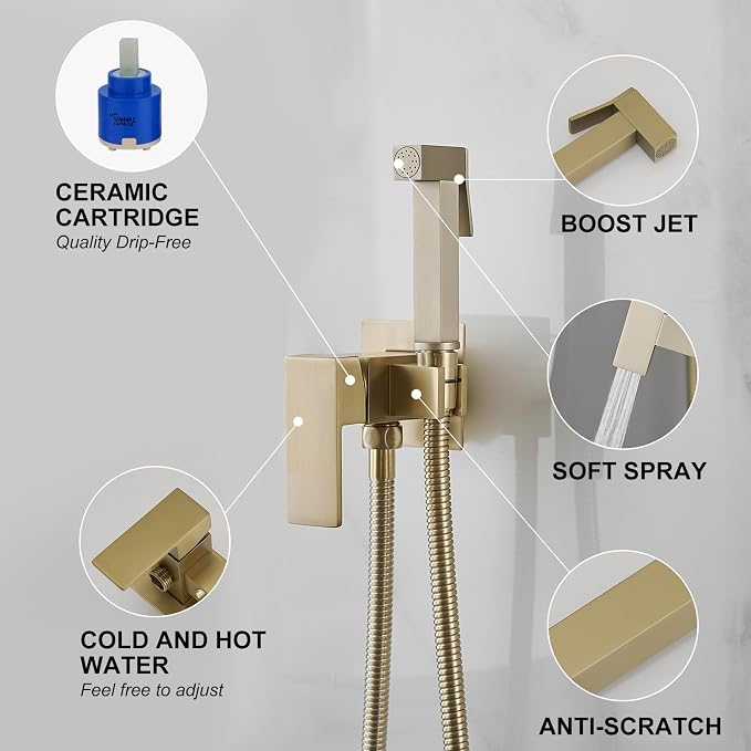 BWE Gold Handheld Toilet Bidet Sprayer Kit with Adjustable Pressure | | Adults & Kids & Pets Cleaning| Hot & Cold Water Control | Leak Resistant Design | Easy Install