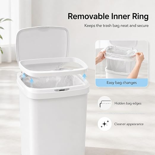 DZT-12-5S Smart Motion Sensor Trash Can 10.3 * 7.8 * 14.1inch | 0.3s Fast Opening, Auto Close & Touch-Free Operation for Home and Office (White)