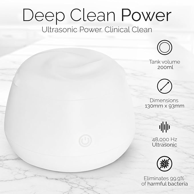 Ultrasonic Retainer Cleaner 48kHz – Dental Pod for Invisalign, Dentures & Mouth Guards – Deep Cleaning Machine for Retainers & Night Guards – 200ML Tank, One-Touch Operation – White
