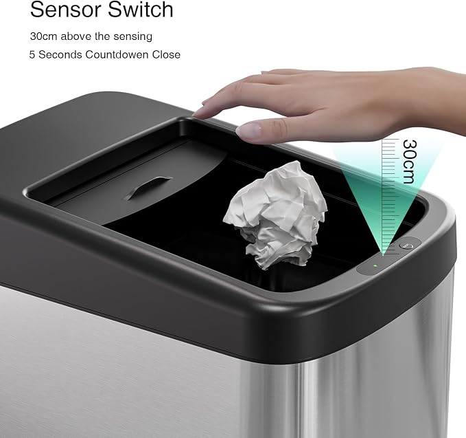 ELLO&ALLO 13 Gallon Kitchen Trash Can with Roll Up Lid, Automatic Touchless Motion Sensor Rectangular Trash Can with Wheels, Brushed Stainless Steel Finish