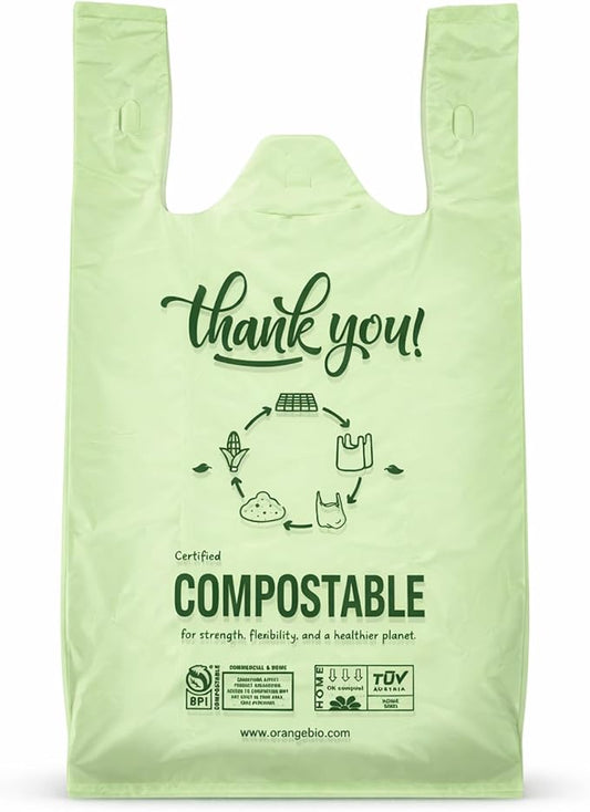 (Extra Large) OrangeBio Certified Home Compostable Shopping Bags, 500 Ct, 12" x 6" x 23", Hold 30 lbs, Thank You/Grocery/Take Out/T Shirt/To-Go Bags for Retail, Grocery Store