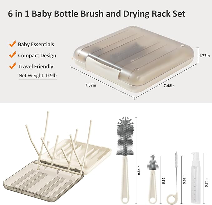 6 in 1 Cleaning Brush Set with Silicone Bottle, Nipple, Straw, Soap Dispenser, Drying Rack for Baby and Water Bottles, Space Saving Essentials for Home and Travel
