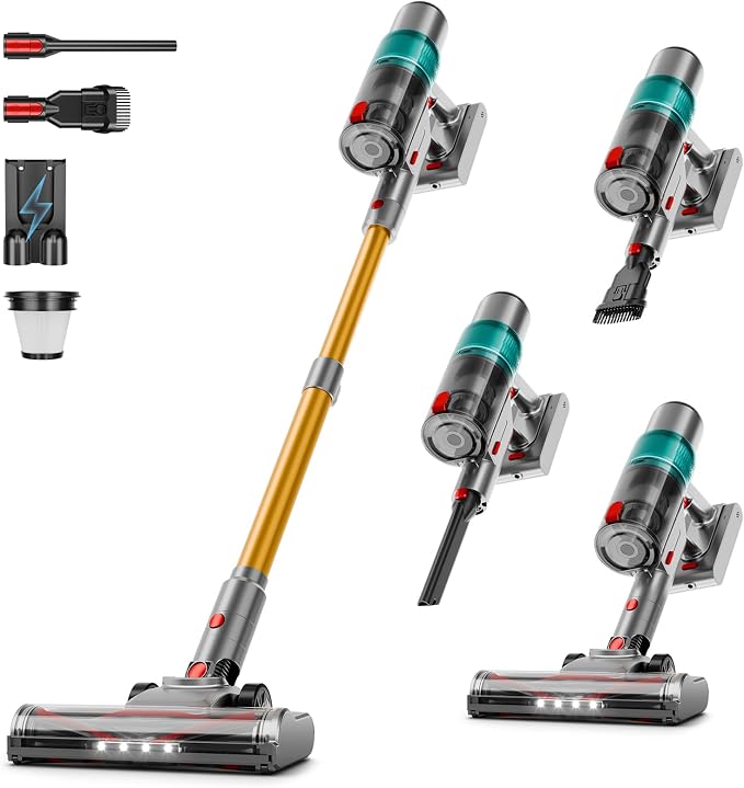 Cordless Vacuum Cleaner: 40KPA Powerful Suction Cordless Stick Vacuum Cleaners for Home, Anti-Tangle Brush, Lightweight, 6-in-1 Rechargeable Vacuum for Pet Hair/Low-Pile Carpet/Hard Floor-Green