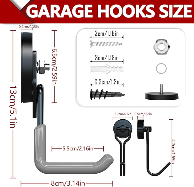 3-H Extra Strong Magnetic Hooks,Heavy Duty Large Anti-Slip Magnet Hooks,No-Drill Tool Holder for Garage,Power Drill,Garden Tools,Hose Storage,2 Pack Gray