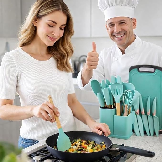 Kitchen Utensil Set 19-Piece – Heat Resistant Silicone Cooking Utensils with Stainless Steel Handles, Nonstick Cookware Safe Dark Green