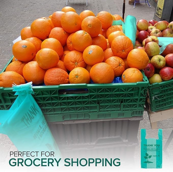 Stock Your Home Eco Grocery Bags Disposable T-Shirt Thank You Bag with Handles for Supermarket, Groceries, Produce, Shopping