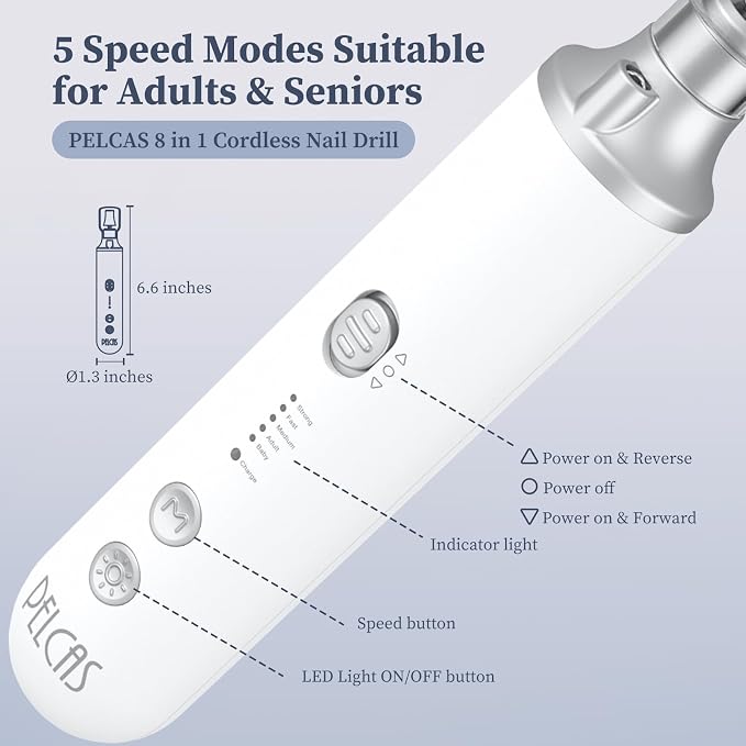 PELCAS 8 in 1 Electric Nail Filer with LED Light, Cordless Nail Drill, 5 Speeds Toenail Grinder for Thick Toenails, Manicure & Pedicure Kit for Foot Callus, Toenail, Thick Nails, Finger Nails Silver