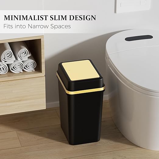 3 Pack Bathroom Trash Can with Lid 4 Gallon Small Trash Can with Press Top Lid Black and Gold Bathroom Garbage Can with 150 Counts Trash Bags for Kitchen Bedroom Office