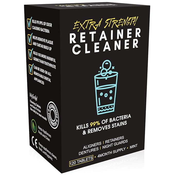 Mysmile Retainer Cleaner with 120 Denture Cleaning Tablets, 3 Min Faster Denture Cleaner Removes Plaque, Odors, Stains from Aligner, Invisalign, Mouth Guard, Night Guard……