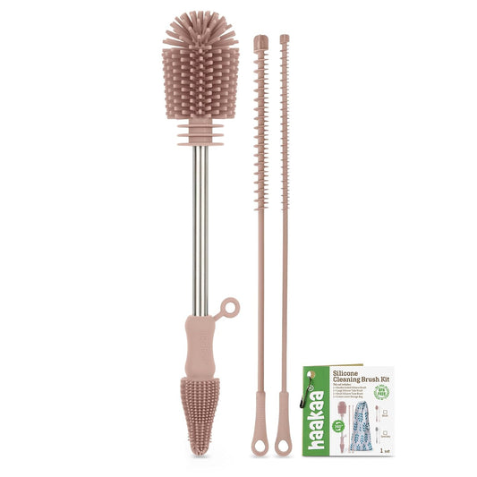 Haakaa Silicone Cleaning Brush Kit - Baby Bottle Brush Cleaner for Breast Pump,Nipple,Breast Milk Storage Bag,Reusable Straw,Sippy Cup - Food Grade Silicone Bristles, Portable - 3 Pcs - Pink