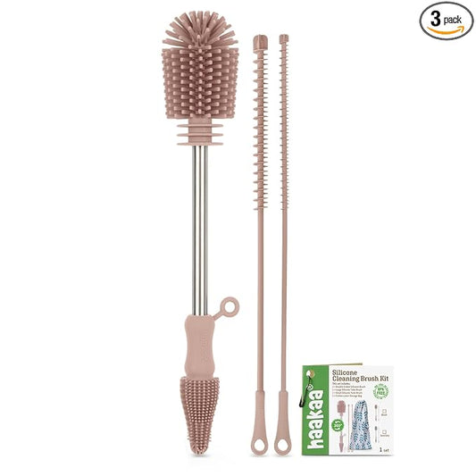 Haakaa Silicone Cleaning Brush Kit - Baby Bottle Brush Cleaner for Breast Pump,Nipple,Breast Milk Storage Bag,Reusable Straw,Sippy Cup - Food Grade Silicone Bristles, Portable - 3 Pcs - Pink