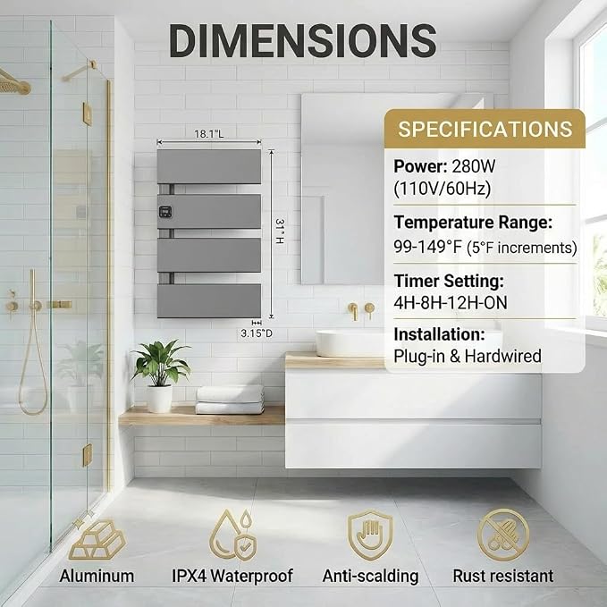 L Series Electric Towel Warmer for Bathroom, 4 Panel, Gun Gray | Thermo Control and Timer, Fast Heat in 3 Mins, Dry Towels in 4 hrs, Memory Function, Work with Smart Plug, Left-Wiring