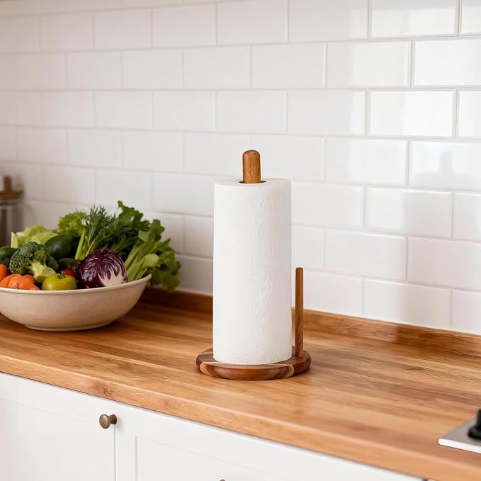 Acacia Wood Paper Towel Holder Countertop, Wooden Paper Towel Holder Thicken Base for Kitchen, Easy to Assemble, Sturdy, Durable, Natural Wood Color
