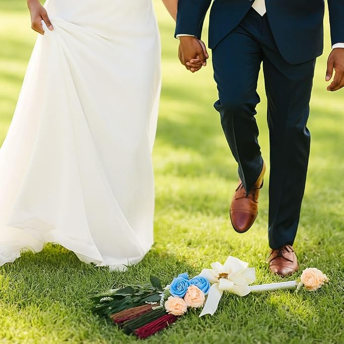 Elegant Wedding Brooms Bride Bridegroom, Jumping The Broom for Wedding, Natural Whisk Broom with Ribbons, Artificial Pearl, Leaves,Roses for Decorative