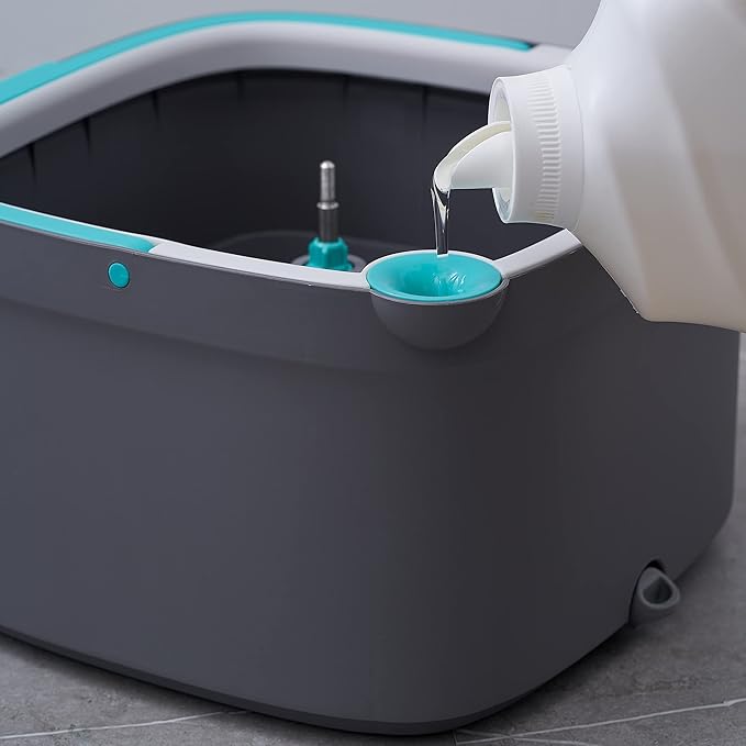 Spin Mop and Bucket with Separate Compartments for Clean and Dirty Water NEW 2025 Upgraded Version w/Side Brush and Self Standing Handle, Smart Square Mop w/ 2 Machine Washable Microfiber Pads, Gray