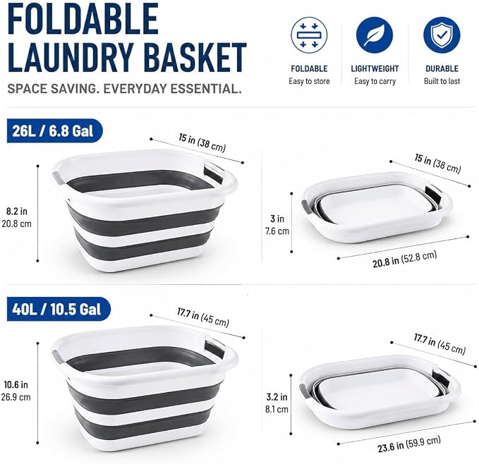 26L/40L Large Collapsible Mop Bucket with Handle for Cleaning, Silicone Portable Pet Bathtub for Puppy Small Dogs Cats, Foldable Laundry Basket Hamper Clothes Storage Bin Space Saving Design (40L)