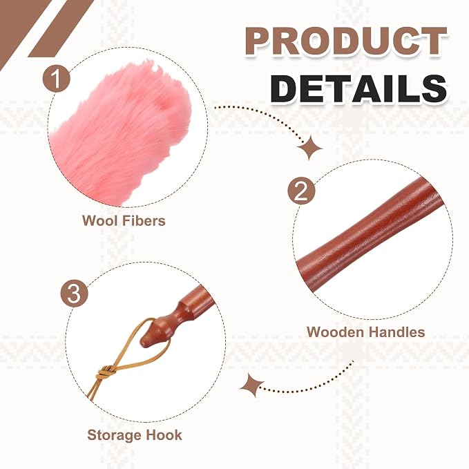 uxcell Wool Duster, 24.4" Natural Feather Cleaner Household Cleaning Duster with Solid Wooden Handle for Cleaning Fans Window Blinds Shelves Furniture, Pink