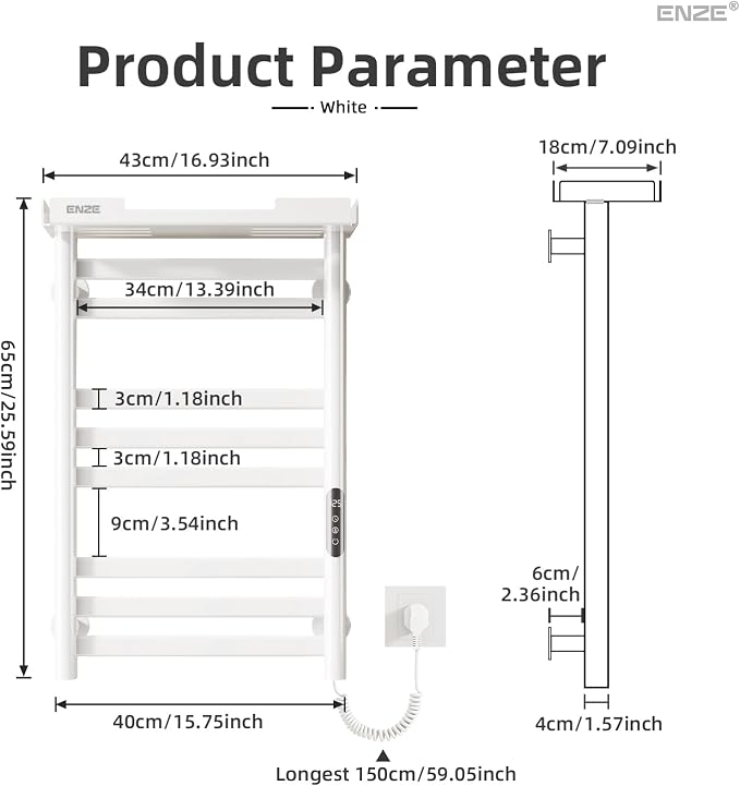 ENZE Smart Heated Towel Rack, 8-Bar Wall-Mounted Electric Towel Warmer with Shelf, Wi-Fi App Control, Adjustable Temperature & 24H Timer, Low Carbon Steel, IPX5, Plug-in/Hardwired, White